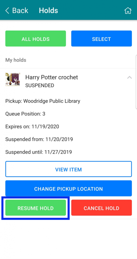 Select Resume Hold button