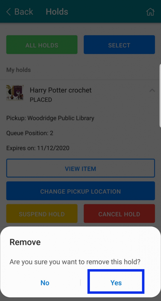 Select Yes to confirm cancellation