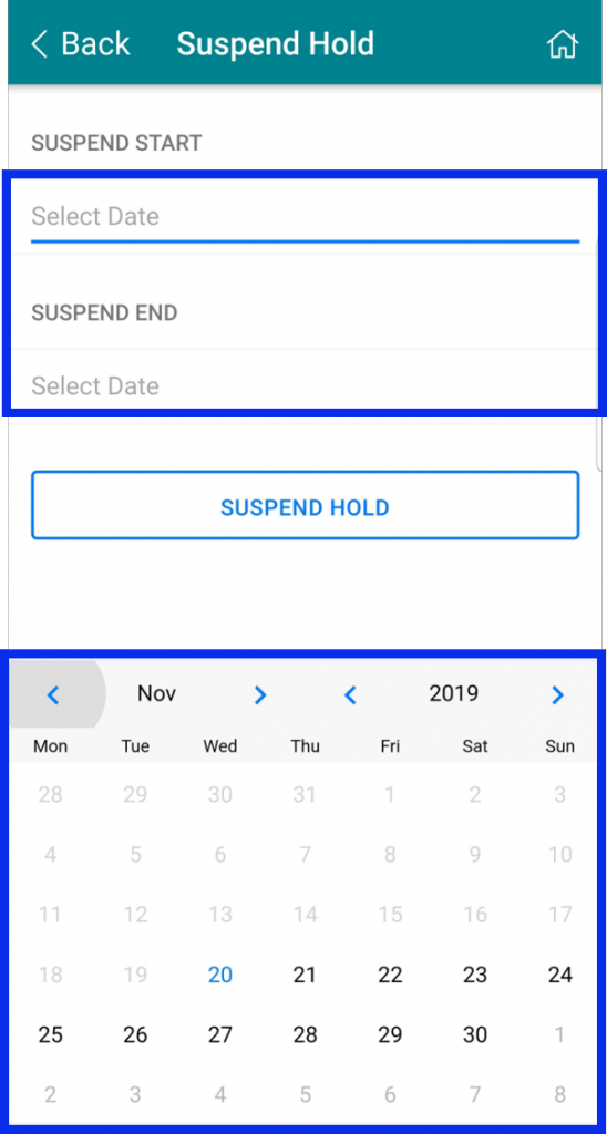 Select start and end date for suspend hold